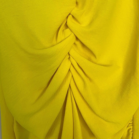 Zara NWOT Ruched V-Neck Yellow Midi Slit Dress - Picture 3 of 4